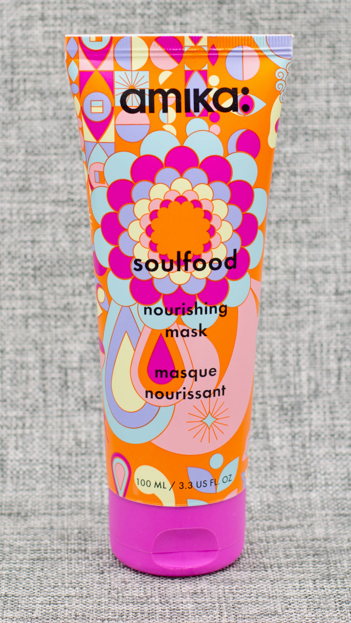 Amika Soulfood Nourishing Hair Mask, ultra-luxurious + rich mask is packed with vitamins + nutrients to condition the hair making it soft, silky, and smoother than ever.  ultra-luxurious hair mask is rich and creamy but never weighs hair down.