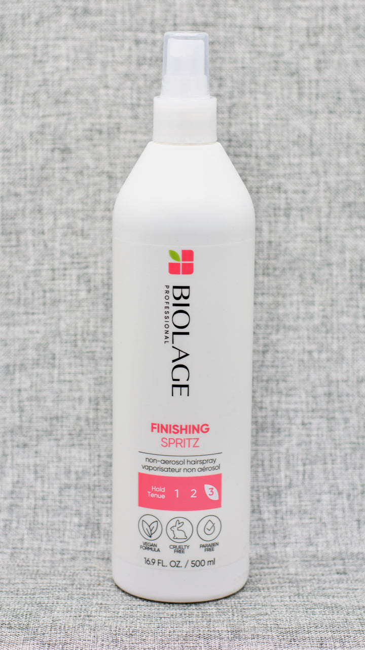 Biolage Styling Finishing Spritz is the non-aerosol ultimate humidity-resistant, water-free fast-dry texturizing hairspray that lifts and locks styles into place with all-day firm hold and aerial support.