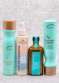 four curated salon-quality products, each carefully chosen to combat the effects of mineral-rich water on different hair types.