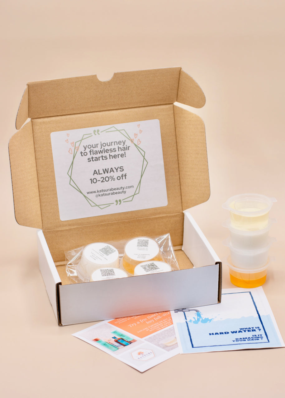 Hard Water sample haircare boxes are eco-friendly packages that contains four curated salon-quality products, each carefully chosen to combat the effects of mineral-rich water on different hair types.