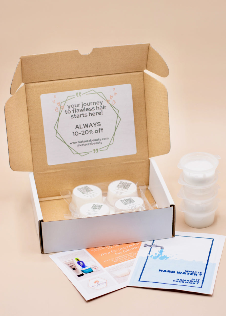 Hard Water sample haircare boxes are eco-friendly packages that contains four curated salon-quality products, each carefully chosen to combat the effects of mineral-rich water on different hair types.