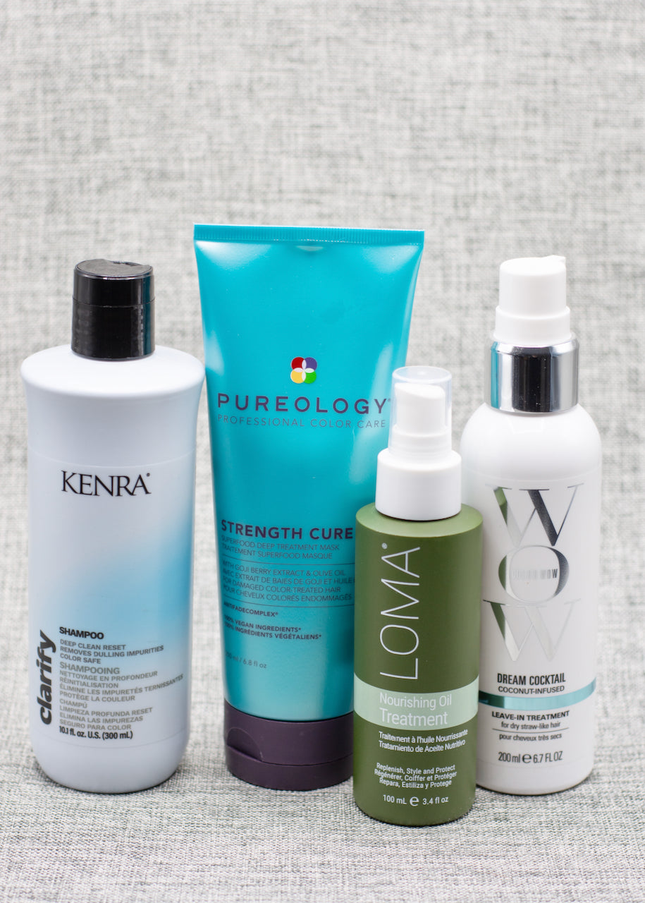 four curated salon-quality products, each carefully chosen to combat the effects of mineral-rich water on different hair types.