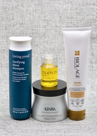four curated salon-quality products, each carefully chosen to combat the effects of mineral-rich water on different hair types.