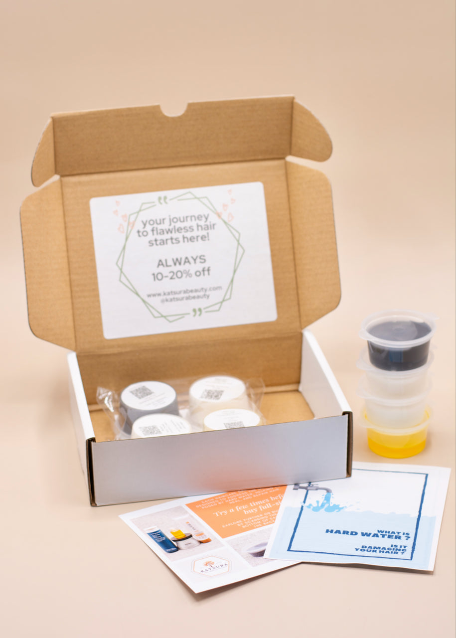 Hard Water sample haircare boxes are eco-friendly packages that contains four curated salon-quality products, each carefully chosen to combat the effects of mineral-rich water on different hair types.