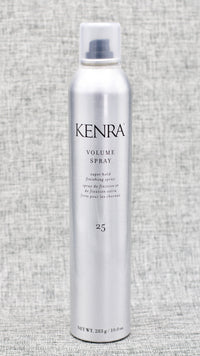 Kenra Volume Hairspray 25 is a SUPER HOLD FINISHING SPRAY. Wind resistant up to 25 MPH. High humidity resistance up to 24 hours. Super hold up to 120 hours. Flake-free & fast-drying.