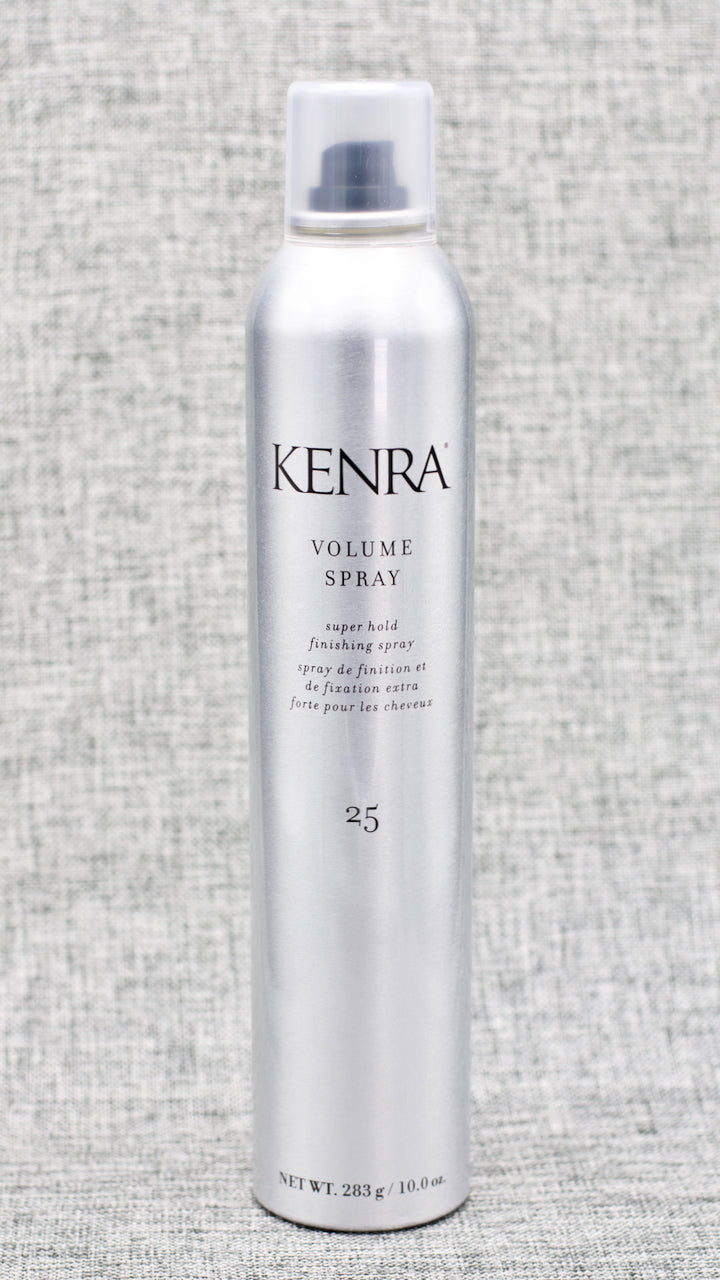 Kenra Volume Hairspray 25 is a SUPER HOLD FINISHING SPRAY. Wind resistant up to 25 MPH. High humidity resistance up to 24 hours. Super hold up to 120 hours. Flake-free & fast-drying.