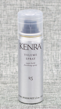 Kenra Volume Hairspray 25 is a SUPER HOLD FINISHING SPRAY. Wind resistant up to 25 MPH. High humidity resistance up to 24 hours. Super hold up to 120 hours. Flake-free & fast-drying.
