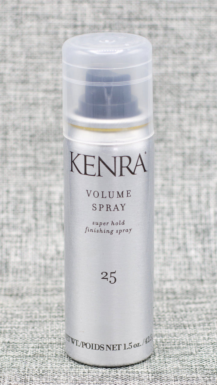 Kenra Volume Hairspray 25 is a SUPER HOLD FINISHING SPRAY. Wind resistant up to 25 MPH. High humidity resistance up to 24 hours. Super hold up to 120 hours. Flake-free & fast-drying.