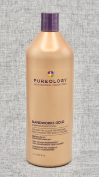 Pureology Nano Works Gold Shampoo. The gold standard of transformative treatments, a rich shampoo that revives tired hair. Restores hair's youthful state. Strengthens. Renews softness and shine. Supports scalp health.