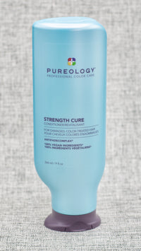 Pureology Strength Cure Conditioner. A Gentle, rich-lather conditioner that fortifies and helps repair damaged, color-treated hair. Repairs damage. Gives hair strength and softness. Helps prevent future damage. Results after just one use. ZeroSulfate®, 100% Vegan Formula.