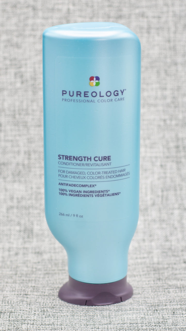 Pureology Strength Cure Conditioner. A Gentle, rich-lather conditioner that fortifies and helps repair damaged, color-treated hair. Repairs damage. Gives hair strength and softness. Helps prevent future damage. Results after just one use. ZeroSulfate®, 100% Vegan Formula.