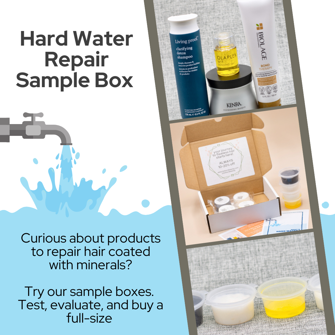 Hard Water Hair Repair Sample Boxes with haircare samples to repair and hydrate dull dry heavy hair from the effects of hard water