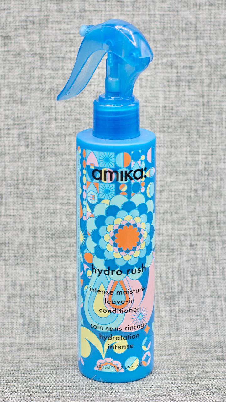 Amika Hydro Rush Intense Moisture Leave-in Conditioner. 3x more hydration while detangling + reducing frizz. infused with hyaluronic acid and squalane, this hydrating leave-in conditioner drenches hair with 3x more hydration while detangling and reducing frizz. 