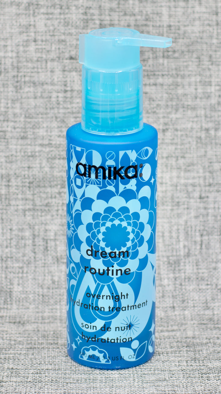 Amika Dream Routine Overnight Hydrating Hair Mask is a Go to bed with this overnight mask, resulting in hair that is 3x more hydrated by morning. ultra-hydrating, silicone-free overnight hair treatment mask. infused with hyaluronic acid, dream routine boosts moisture for 72 hours and results in hair that is 3x more hydrated by morning