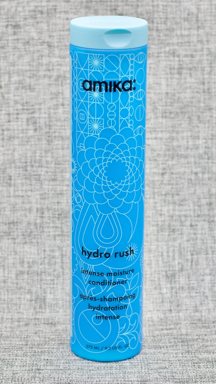 Amika Hydro Rush Intense Moisture Conditioner For Dry Hair. 72 hour moisture with this silicone-free conditioner. long-lasting moisture. infused with hyaluronic acid and squalane, this hydrating conditioner drenches hair with 3x more hydration