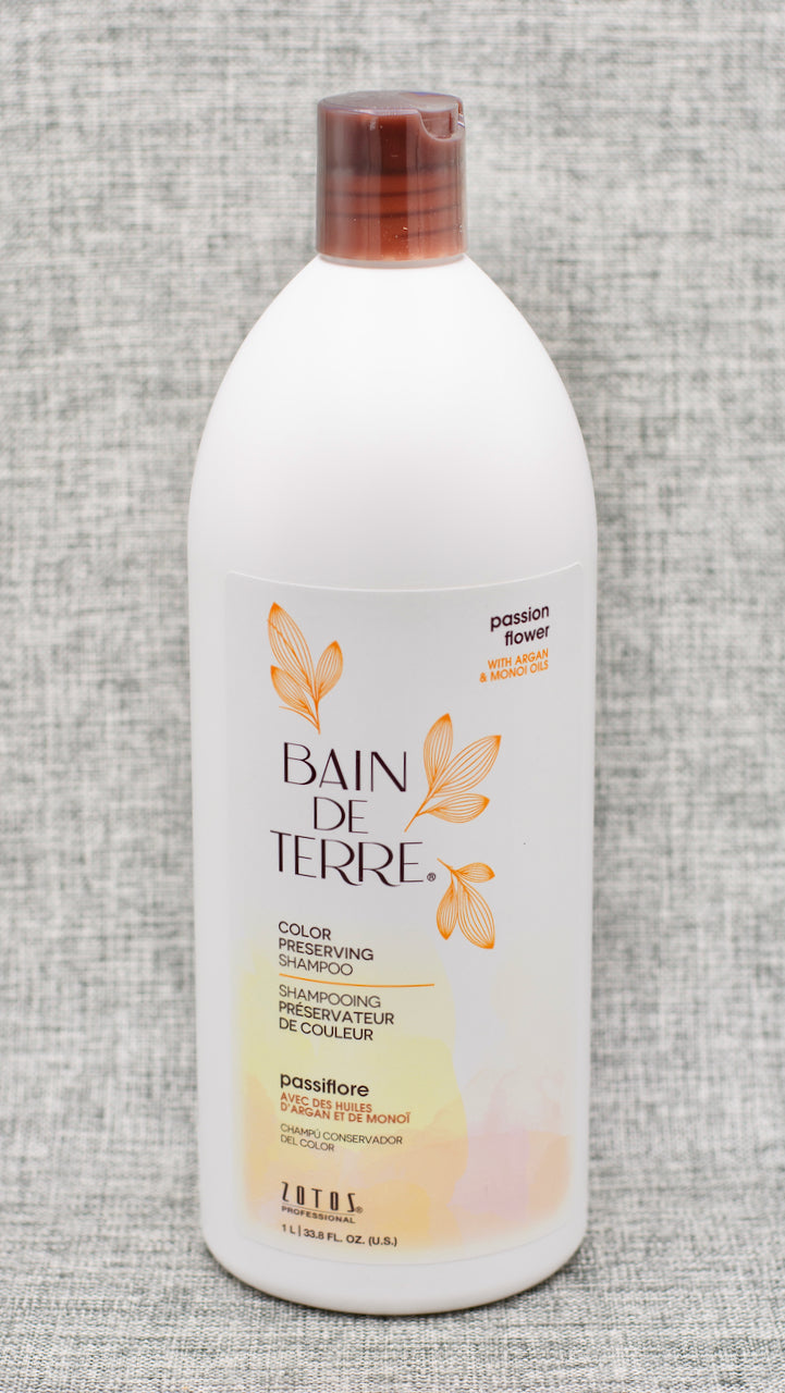 Bain de Terre Passion Flower Shampoo, luxuriously cleanse, moisturize preserve vibrancy of color-treated hair while indulging in a lush, botanical scent.