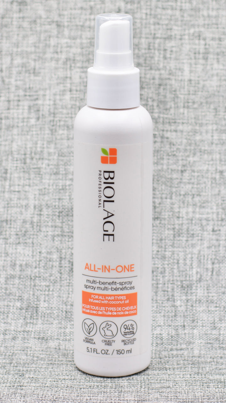 Biolage All-In-One Multi-Benefit Spray with coconut infusion is for everyone, everywhere, and every time. No matter the hair texture, curly to straight, thin to thick; no matter the hair moment, wet or dry, this multi-tasking spray will help enhance shine, fight frizz, detangle, protect from heat, prevent split ends and more!