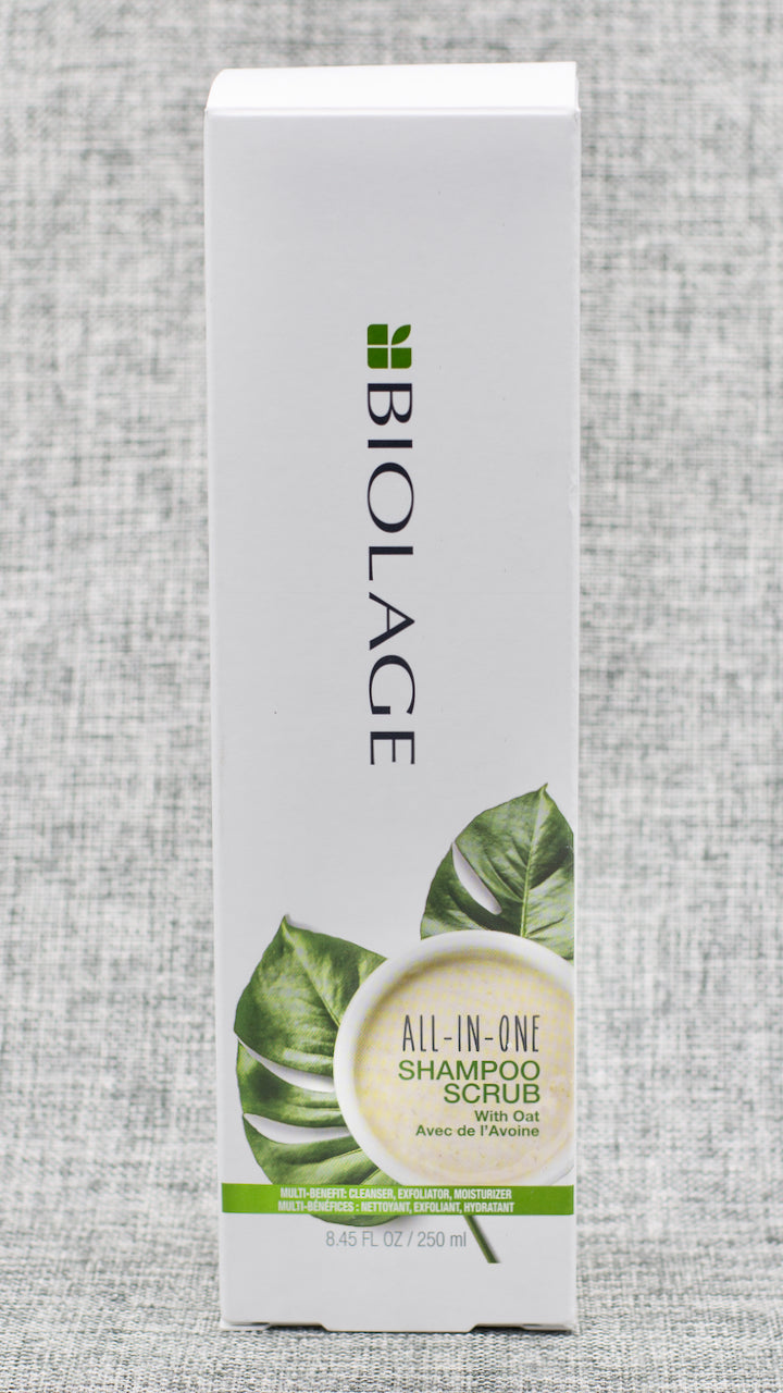 Biolage All-In-One Shampoo Scrub is a multi-benefit shampoo and body scrub made with oatmeal that gently exfoliates, detoxifies and cleanses for healthy scalp, hair and body. The All-In-One Shampoo Scrub gently exfoliates, detoxifies and cleanses for healthy scalp, hair and body. This multi-benefit scrub is formulated with oat for a clean and soft touch making it suitable for everyday use.