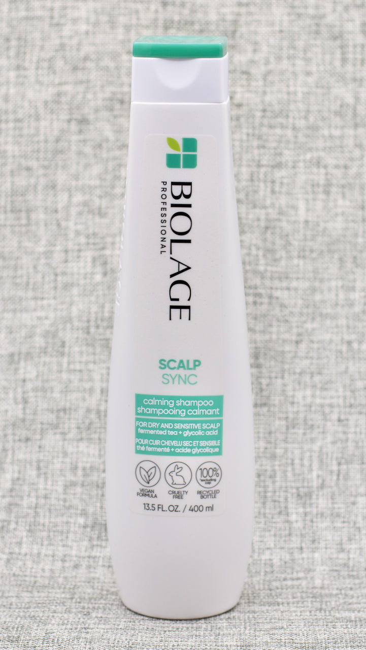 Biolage Scalp Sync Calming Shampoo is a gentle shampoo for dry &amp; sensitive scalps infused with fermented tea and glycolic acid. Gently cares for hair making it smooth and more manageable with a healthier-looking scalp.