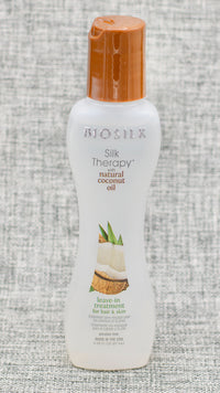 Biosilk Silk Therapy Natural Coconut Oil Leave-In Treatment is Infused with natural coconut oil and silk, this product line is gentle enough for daily use and offers moisturizing oils. Adds moisture, maintains healthy hair and provides a subtle glow to the skin.