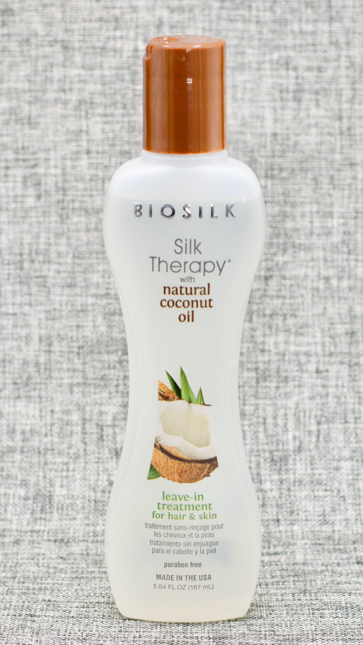 Biosilk Silk Therapy Natural Coconut Oil Leave-In Treatment is Infused with natural coconut oil and silk, this product line is gentle enough for daily use and offers moisturizing oils. Adds moisture, maintains healthy hair and provides a subtle glow to the skin.