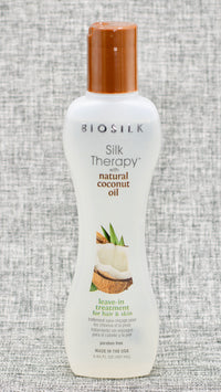 Biosilk Silk Therapy Natural Coconut Oil Leave-In Treatment is Infused with natural coconut oil and silk, this product line is gentle enough for daily use and offers moisturizing oils. Adds moisture, maintains healthy hair and provides a subtle glow to the skin.