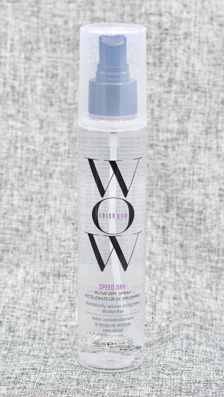 ColorWow Speed Dry Blow-Dry Spray is clinically-proven to cut blow-dry time. alcohol-free. Reduces drying time (blow dry or air dry) by 30% or more. squeeze out water without dehydrating hair. Heat protection. For all hair types, especially very long or very thick hair. Ideal for dry, dehydrated, damaged or color-treated hair.