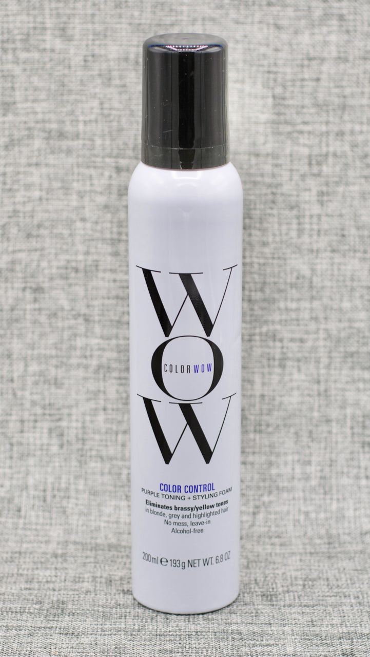 ColorWow Color Control Purple Toning + Styling Foam instantly rids blonde and gray hair of brassy tones; no mess; no crunch, no stiffness, no stickiness. foam neutralizes yellow and brassy tones instantly. No-mess alternative to purple shampoo (use on wet or dry hair). Never sticky, stiff or crunchy.