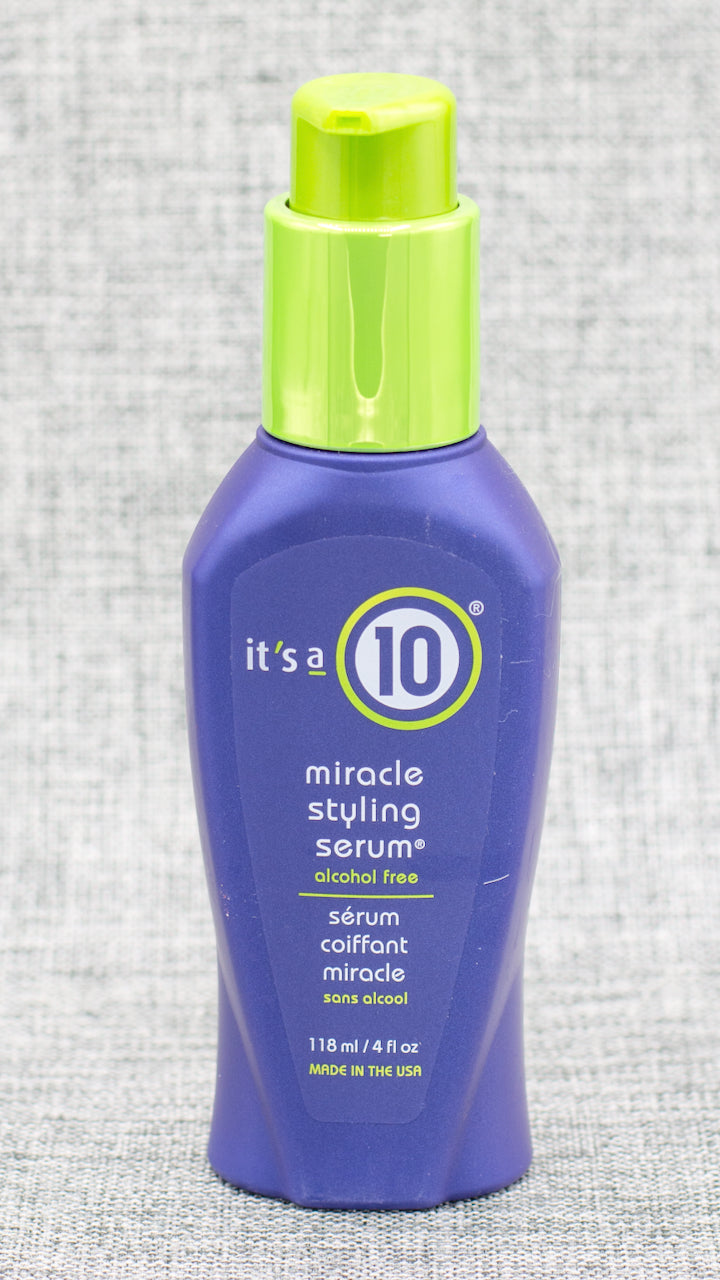 It’s a 10 Miracle Styling Serum – a finished style that’s a Perfect 10. Miracle Styling Serum fights the effect of humidity on the hair. It is a grease-free formula that leaves the hair smooth, shiny, and looking healthy without build-up.