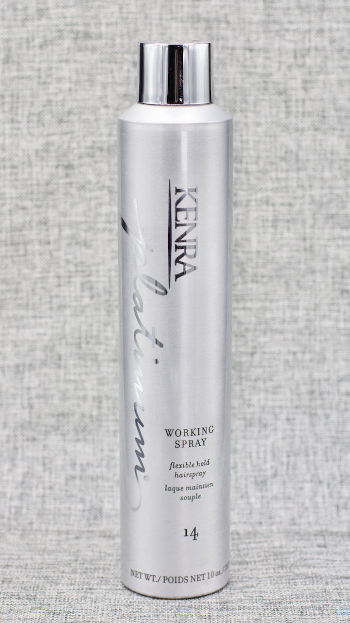 Kenra Platinum Working Spray 14 combines pliable styling control with a brushable hold. This fast-drying, medium hold finishing spray leaves hair feeling natural with a frizz-free shine. 80% VOC.  Hold level 14