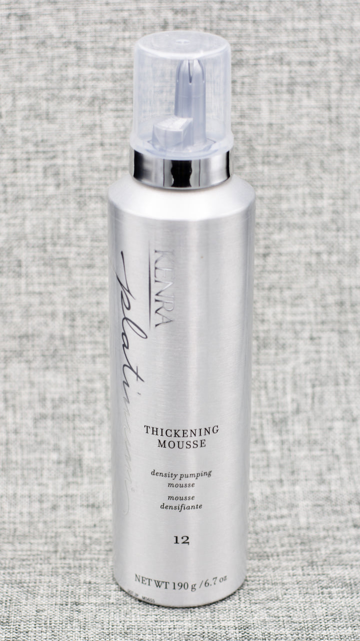 Kenra Platinum Thickening Mousse 12 plumps each strand of hair up to 150% and adds fullness and body to achieve the appearance of thicker hair. This ultra-lightweight formula resists humidity for up to 48 hours and provides a flexible, touchable hold for up to 24 hours. Hold level 12