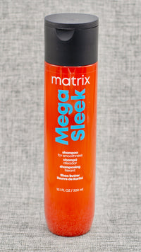 Matrix Mega Sleek Shampoo Cleanses to help control rebellious, unruly hair and manages frizz against humidity. Mega Sleek Shampoo with smoothing shea butter helps control rebellious, unruly hair and manages frizz against humidity for smoothness. Hair is smooth, shiny and de-frizzed.