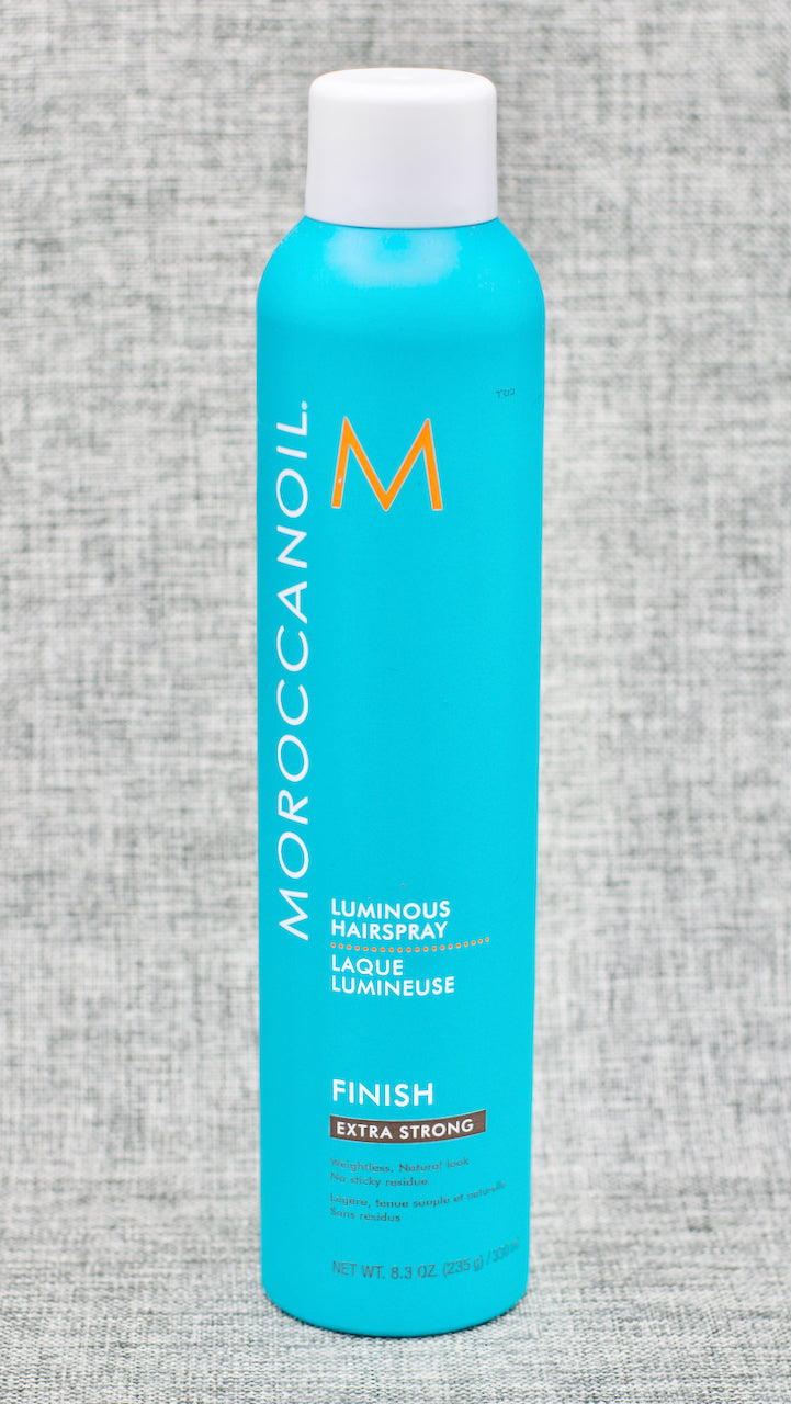 Moroccan Oil Luminous Hairspray Extra Strong is A long-lasting, extra strong hold hairspray that boosts shine and fights frizz without leaving a flaky residue. Ideal for special event styling. Our extra strong, finishing hairspray provides long-lasting hold for the most demanding hairstyles.