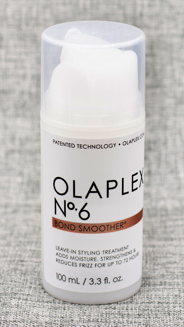 Olaplex Nº.6 Bond Smoother. A leave-in reparative styling treatment. Nº.6 smooths, conditions and strengthens without adding hold or excess weight. A highly concentrated formula for all hair types including dry, grey, colored and chemically treated hair. Good for textures from coily to fine.