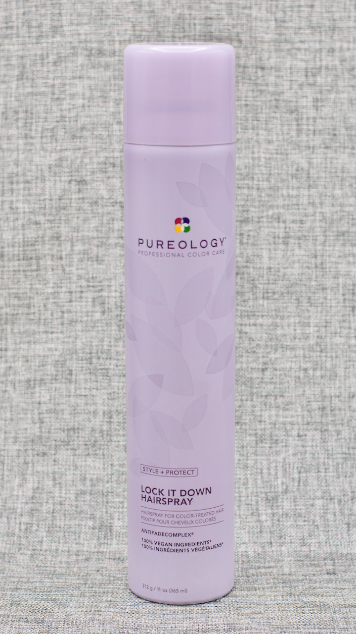 Pureology Style + Protect Lock It Down Hairspray. Fast-drying hairspray with maximum hold and radiant shine. Adds a shiny finish. Provides brushable, strong hold. Layerable formula. ZeroSulfate®, 100% Vegan Formula. Color protection from patented Antifade Complex®