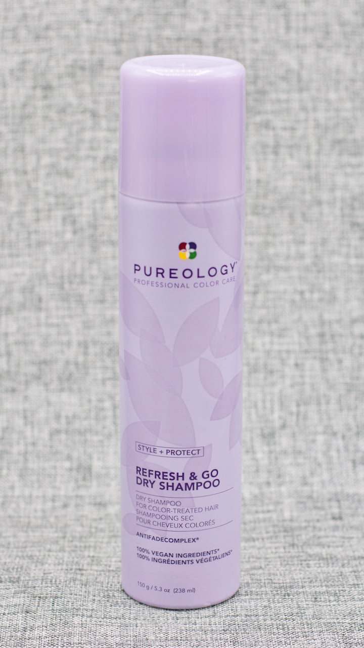 Pureology Style + Protect Refresh &amp; Go Dry Shampoo. Texturizing dry shampoo spray that absorbs oil, dirt and buildup without drying out hair. Non-drying, non-dulling formula. Absorbs oil, dirt and buildup. Adds movement and light texture. Provides heat protection. Adds texture with movement.