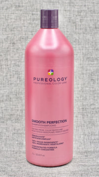 Pureology Smooth Perfection Shampoo. A Smoothing shampoo that detangles hair and lessens frizz in both textured and straight hair. Smooths hair. Lessens frizz. Soothes scalp.