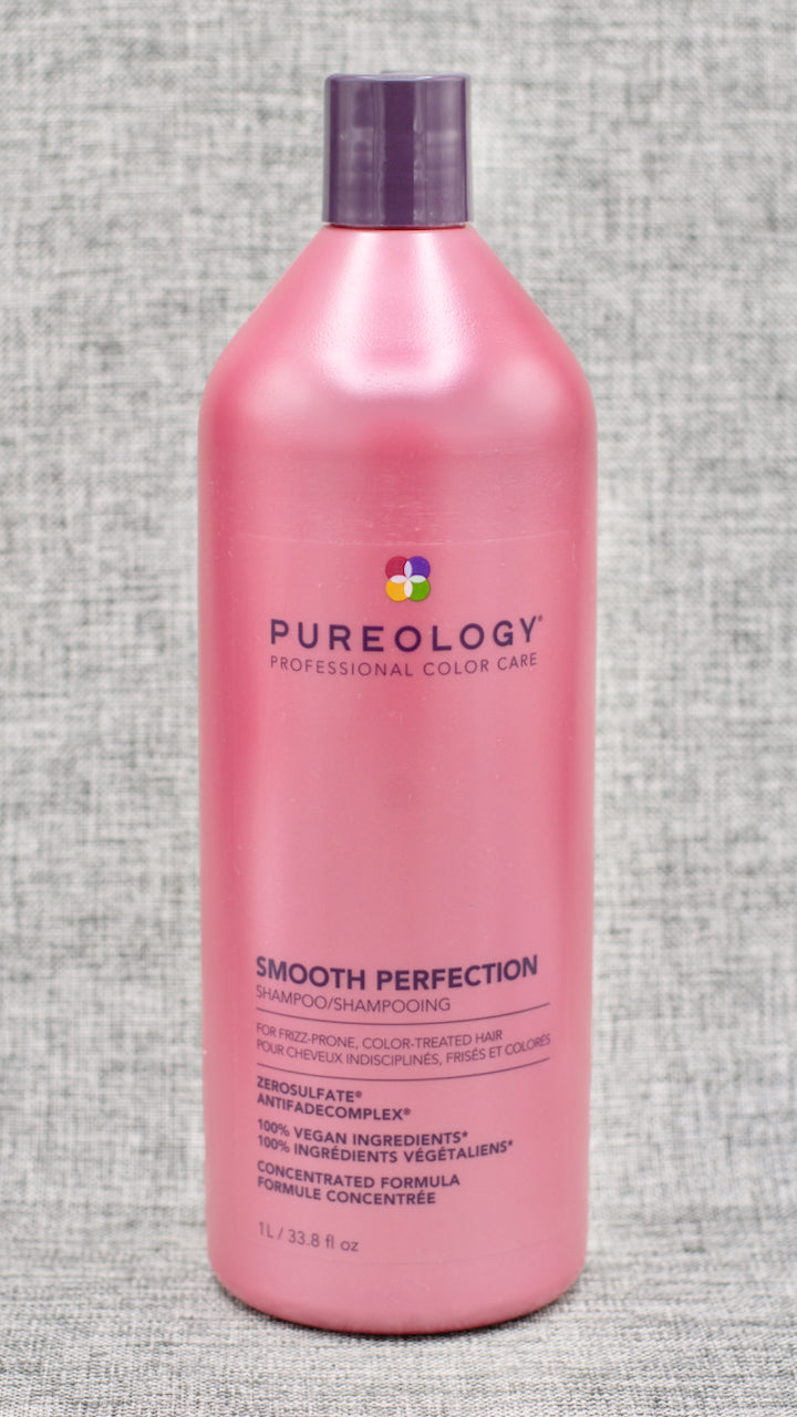 Pureology Smooth Perfection Shampoo. A Smoothing shampoo that detangles hair and lessens frizz in both textured and straight hair. Smooths hair. Lessens frizz. Soothes scalp.