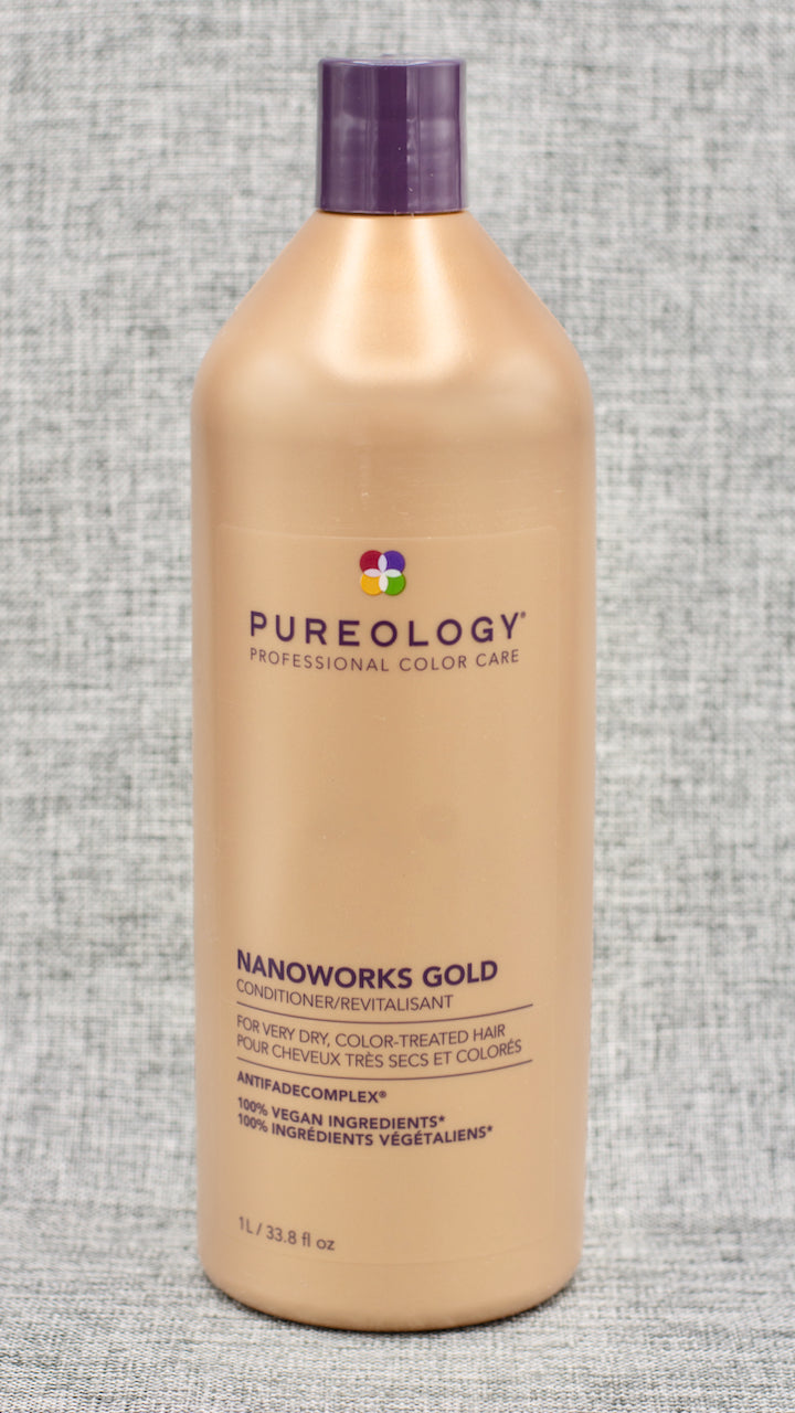 Pureology Nano Works Gold Conditioner. Our most luxurious, creamy conditioner that strengthens, restores and adds shine to tired hair.Restores hair's youthful state. Strengthens. Renews softness and shine. Supports scalp health. Treats like a mask without the weight.