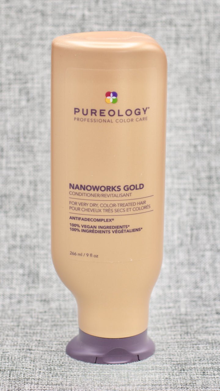 Pureology Nano Works Gold Conditioner. Our most luxurious, creamy conditioner that strengthens, restores and adds shine to tired hair.Restores hair's youthful state. Strengthens. Renews softness and shine. Supports scalp health. Treats like a mask without the weight.