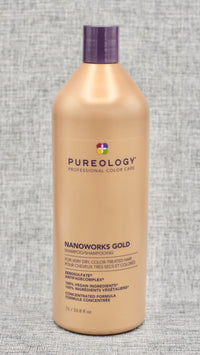 Pureology Nano Works Gold Shampoo. The gold standard of transformative treatments, a rich shampoo that revives tired hair. Restores hair's youthful state. Strengthens. Renews softness and shine. Supports scalp health.