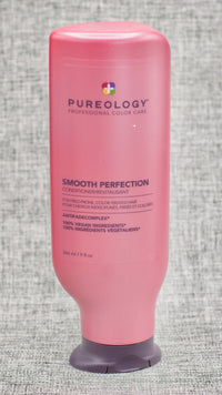 Pureology Smooth Perfection Conditioner. A Creamy conditioner that smooths, moisturizes and lessens frizz in both textured and straight hair. Smooths hair. Lessens frizz. Targets dryness. Soothes scalp. Restores color vibrancy.