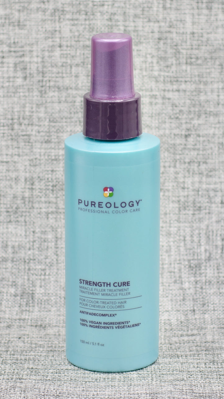 Pureology Strength Cure Miracle Filler. Daily blow-dry reparative lotion that strengthens and repairs the hair's cuticle.
Repairs damaged hair. Protects against heat styling. High concentration of Vitamin C that acts as an antioxidant. Fills gaps in hair breakage.