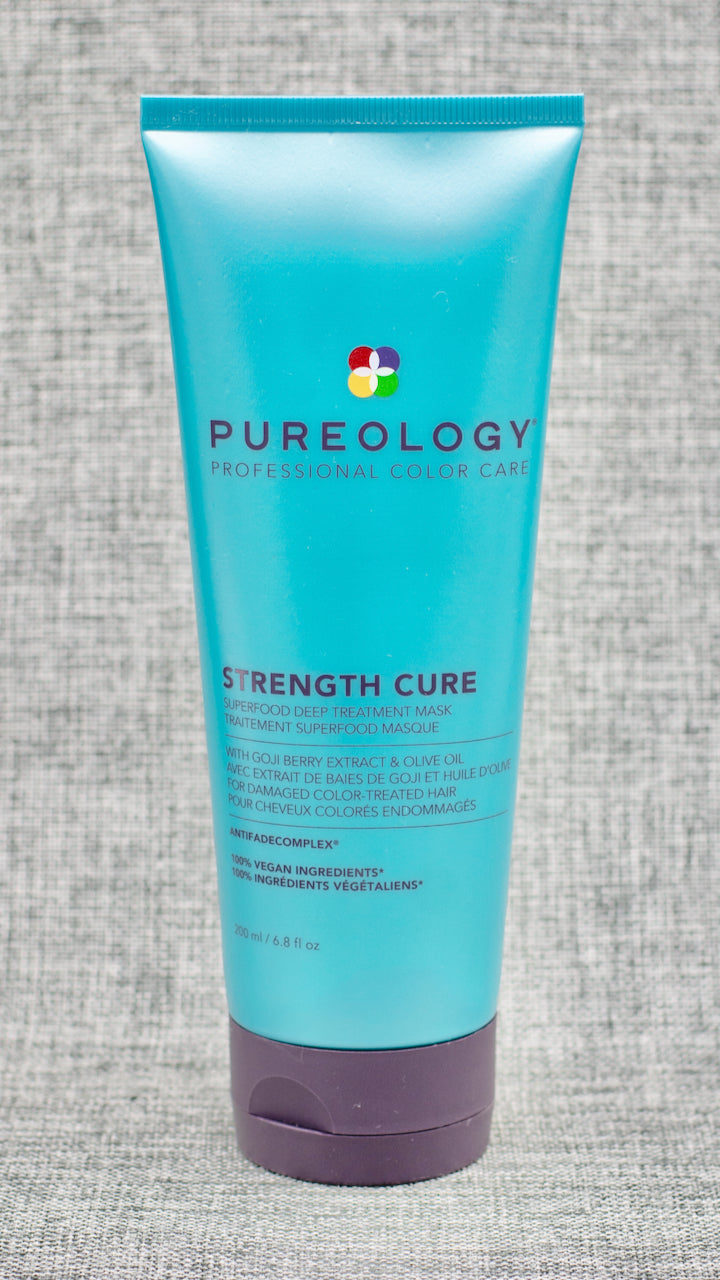 Pureology Strength Cure Superfood Treatment. A Fortifying mask treatment that strengthens and smooths split ends to prevent further damage. Strengthens, heals and protects hair. Nourishes and softens. Silicone-free formula penetrates deeper.