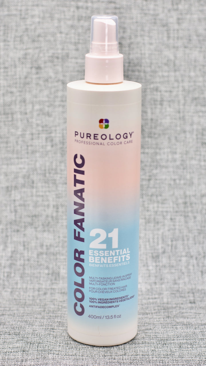 Pureology Color Fanatic Multi Tasking Leave-In Spray. Literally THE BEST leave-in conditioner for strengthening weaker, dry, longer hair. Multi-tasking leave-in spray with 21 benefits that primes, protects, and perfects all hair types. Nourishes and moisturizes. Protects against heat damage. Strengthens and repairs damage. Smooths and adds shine.