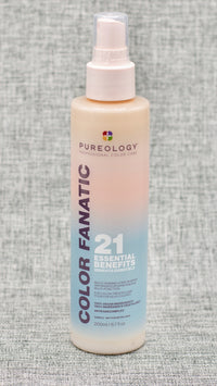 Pureology Color Fanatic Multi Tasking Leave-In Spray. Literally THE BEST leave-in conditioner for strengthening weaker, dry, longer hair.  Multi-tasking leave-in spray with 21 benefits that primes, protects, and perfects all hair types. Nourishes and moisturizes. Protects against heat damage. Strengthens and repairs damage. Smooths and adds shine.